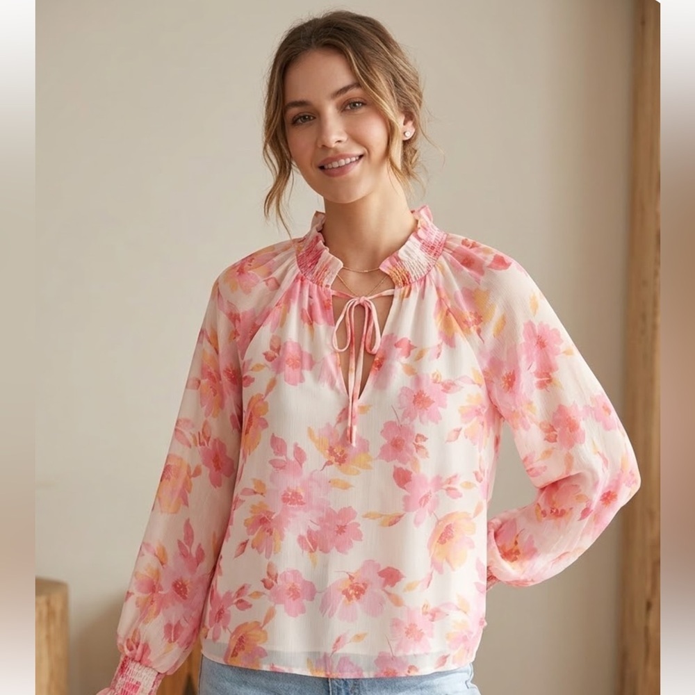 FATE. Floral Tie-Neck Blouse - Pink Floral. SIZE S